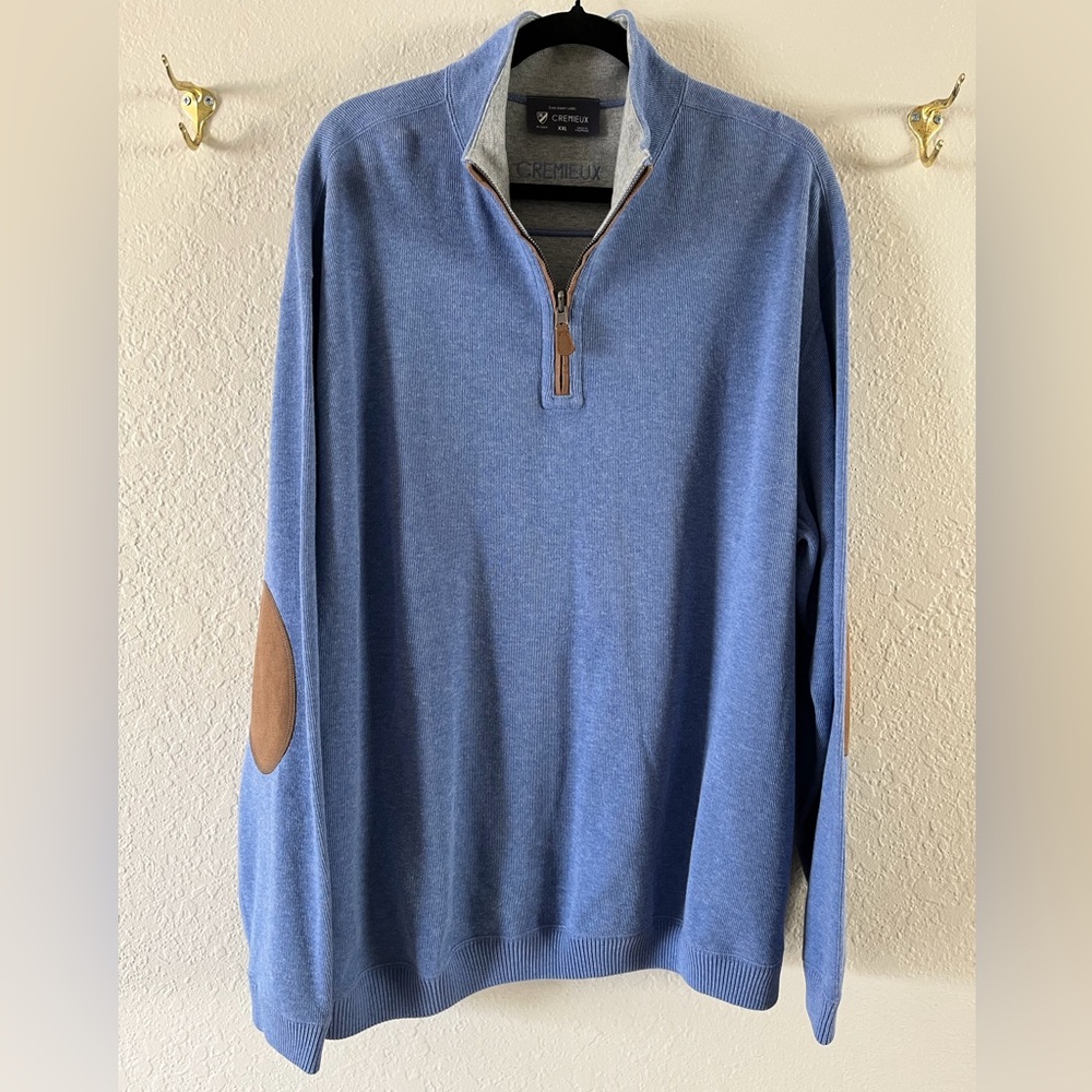 Cremieux Heathered Blue 1/4 Zip Pullover Sweater Men’s XXL Brown Elbow Patches